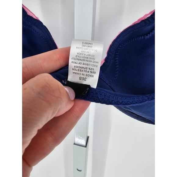 Vintage Rampage Intimates Womens Sz 36B Front Clasp T Shirt Bra Navy & Pink Lace - Picture 6 of 6